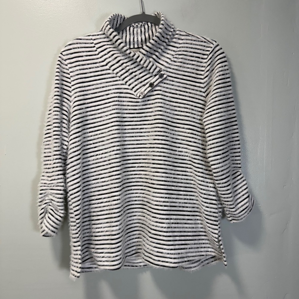 Multiples Womens Petite L Black White Striped Eyelash Knit Asymmetric Neck Top